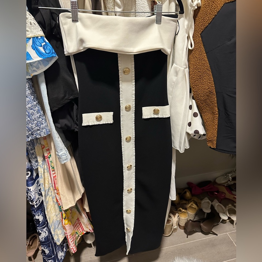 Zara Black and White Midi Dress with Gold Buttons